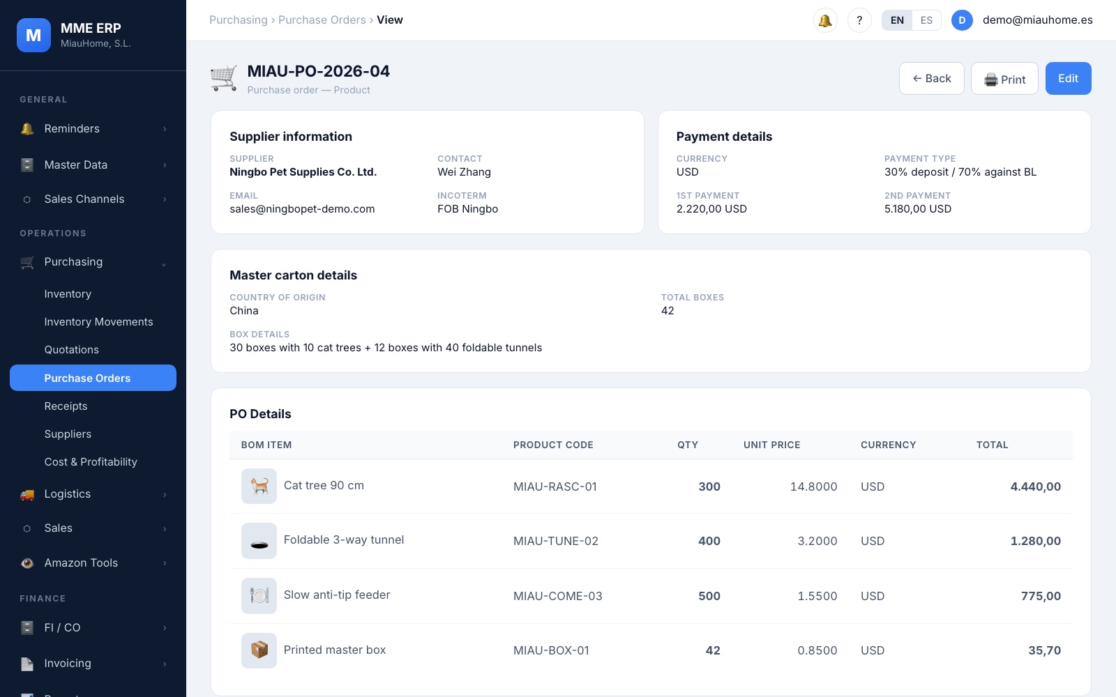 Supplier purchase order in MME ERP with payments, cartons and products (sample data)