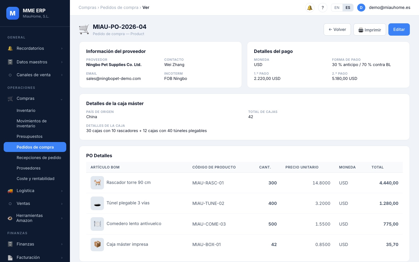 Pedido a proveedor en el MME ERP con pagos, cajas y productos (datos de ejemplo)