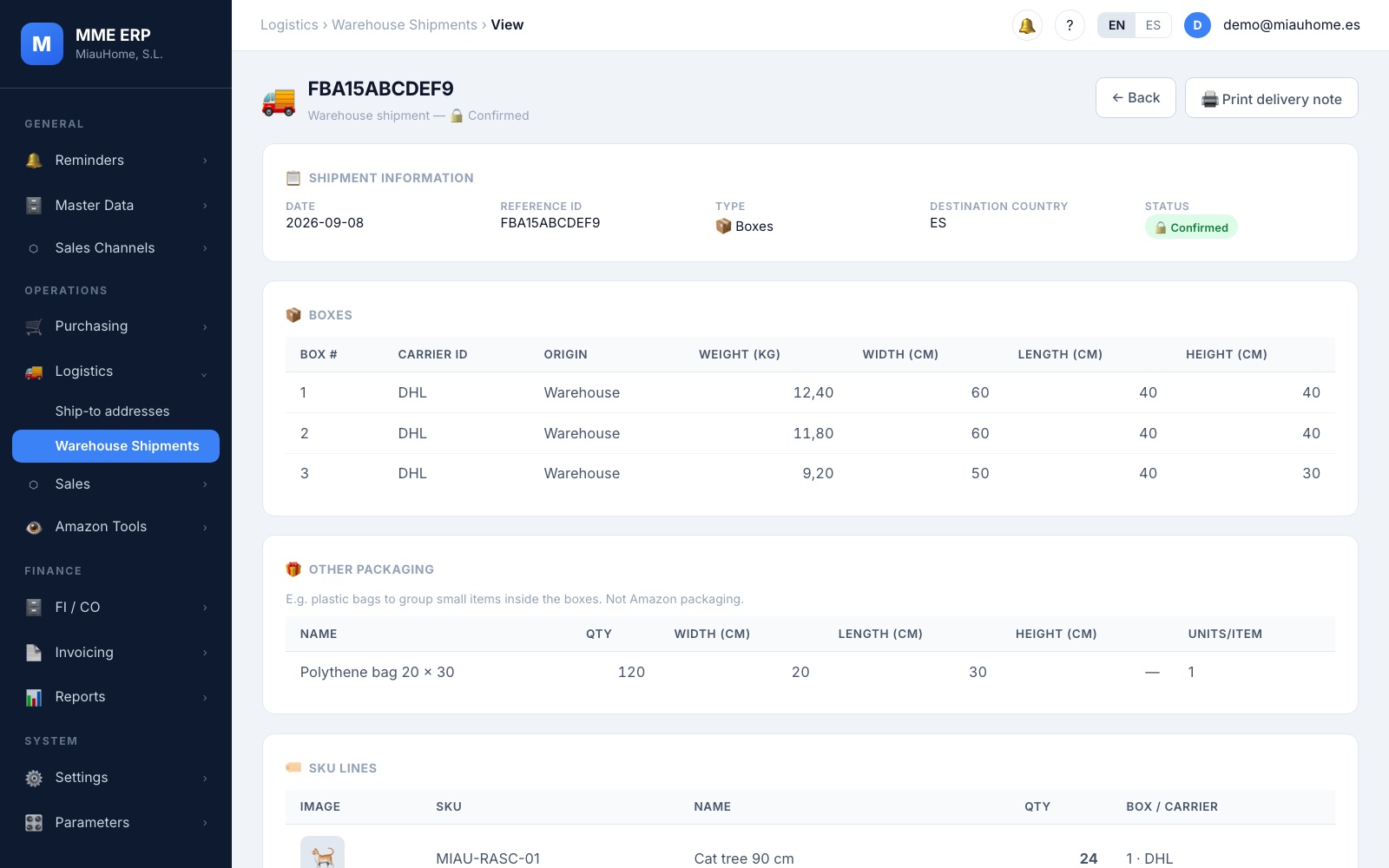 Amazon FBA shipment in MME ERP with its boxes, weights and sizes (sample data)