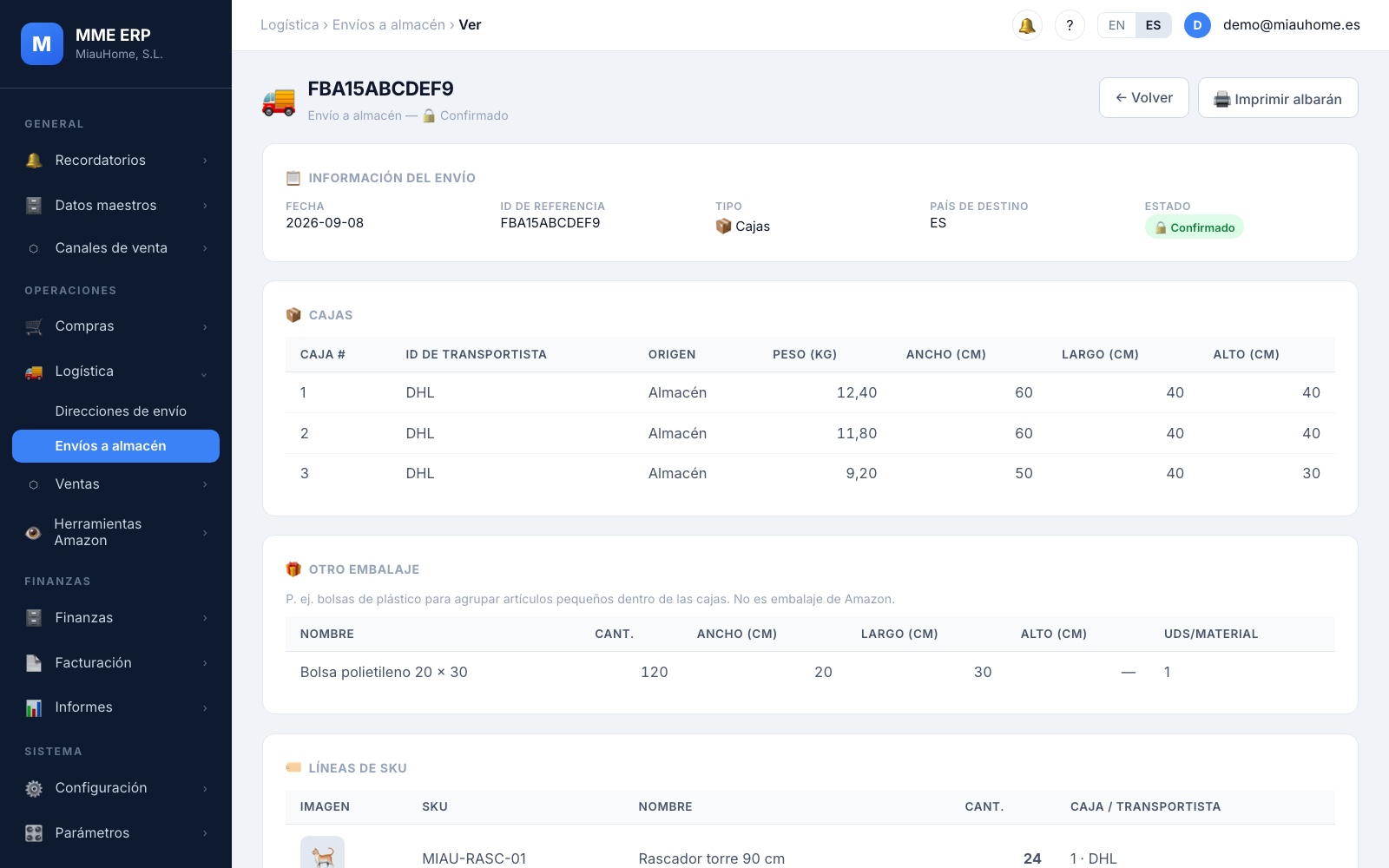 Envío a Amazon FBA en el MME ERP con sus cajas, pesos y medidas (datos de ejemplo)