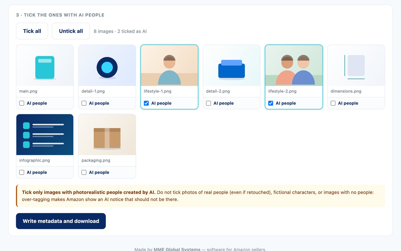 The AI image tagger with sample images: the ones with AI people, ticked