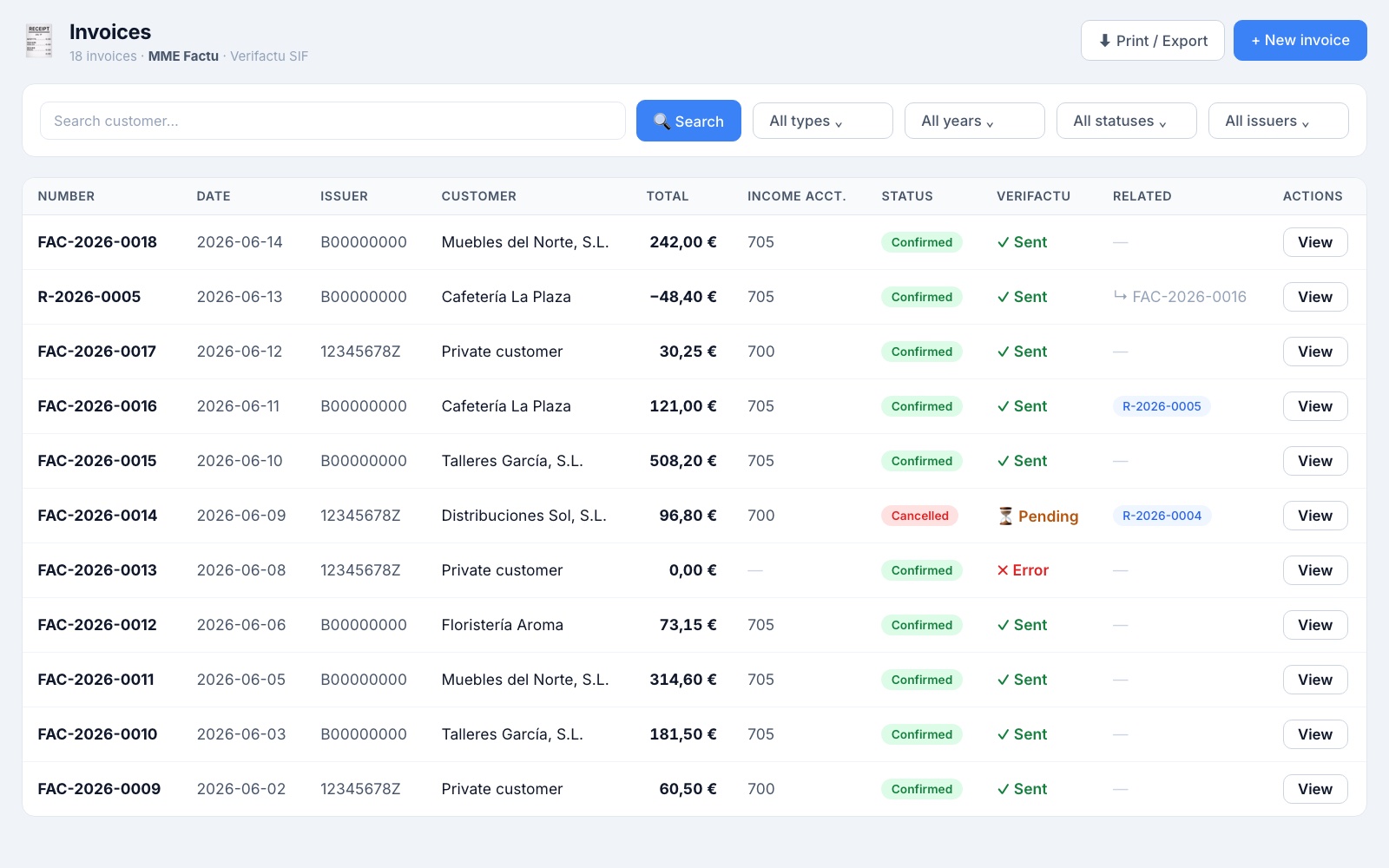 Invoice list with an amending invoice linked to its original (sample data)