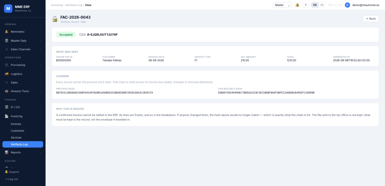 Veri*Factu record of an invoice accepted by the Spanish Tax Agency (sample data)