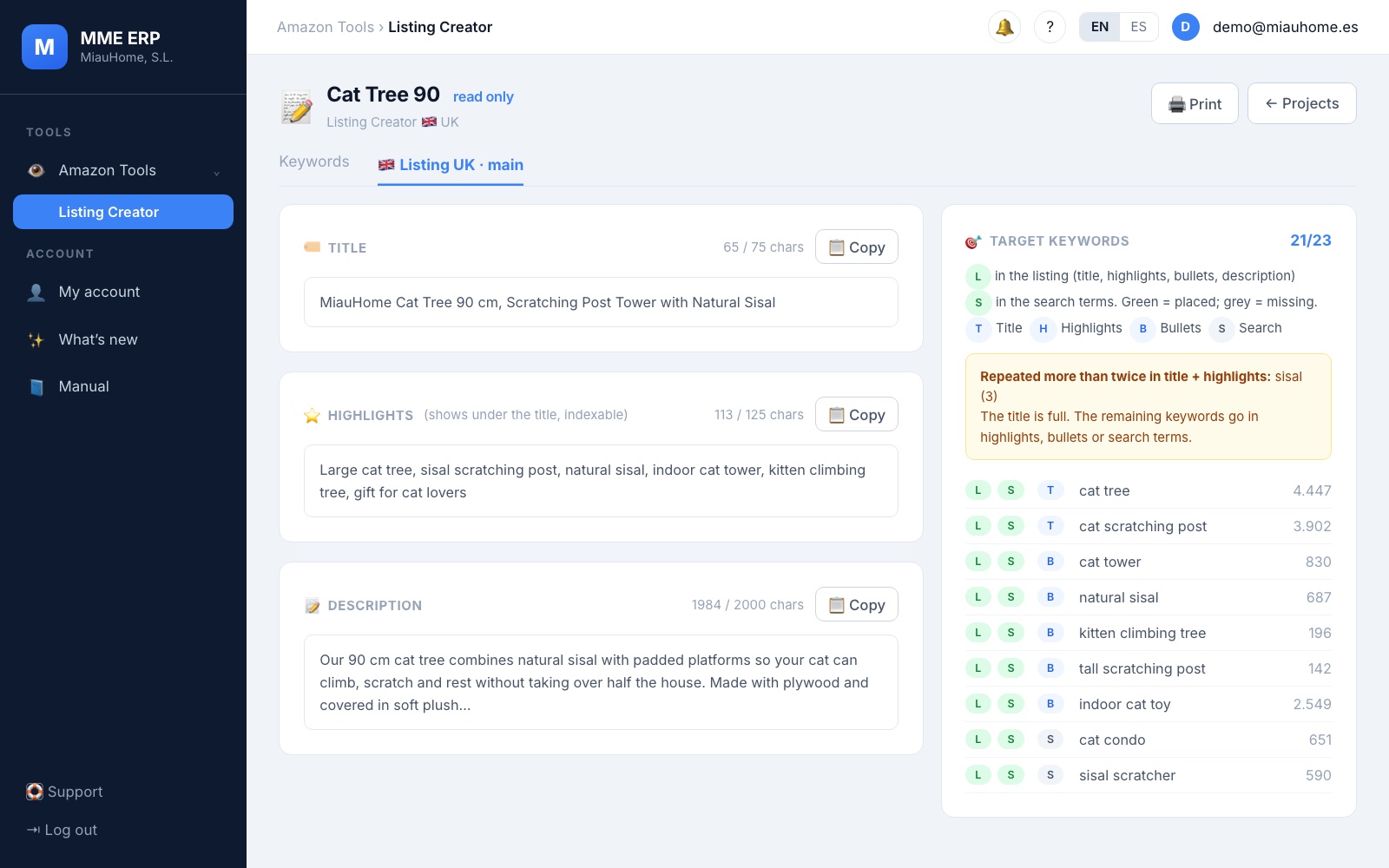 Title, highlights and description with the keywords marked (sample data)
