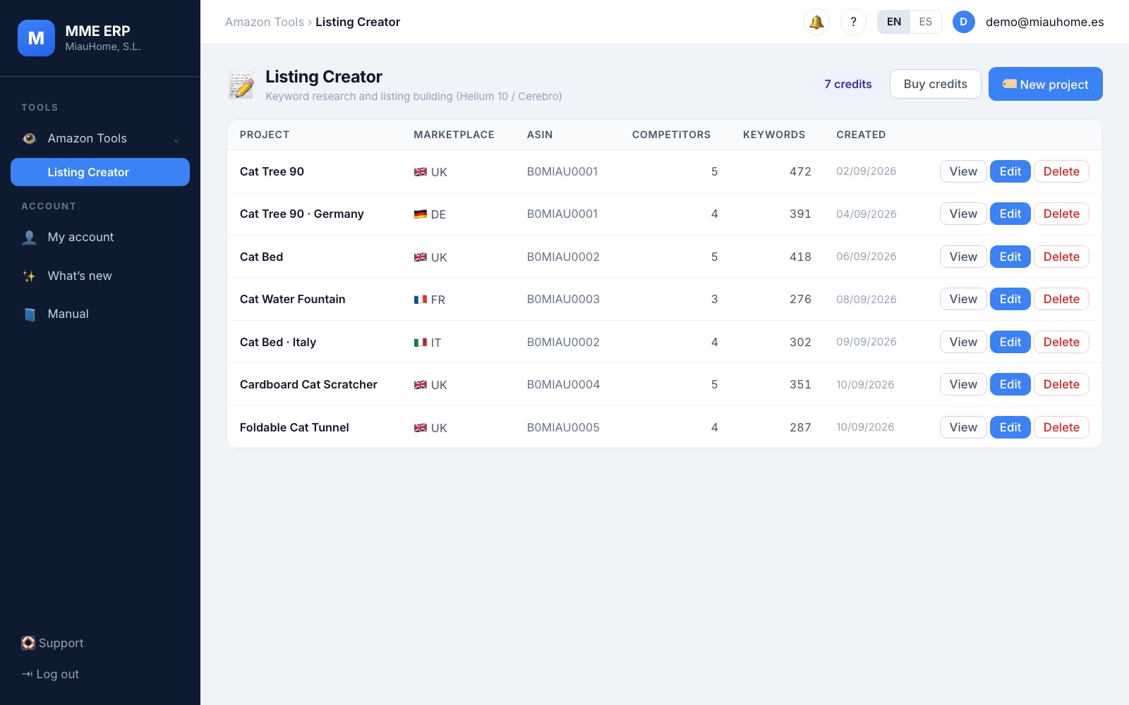 Listing Creator projects and credit balance (sample data)