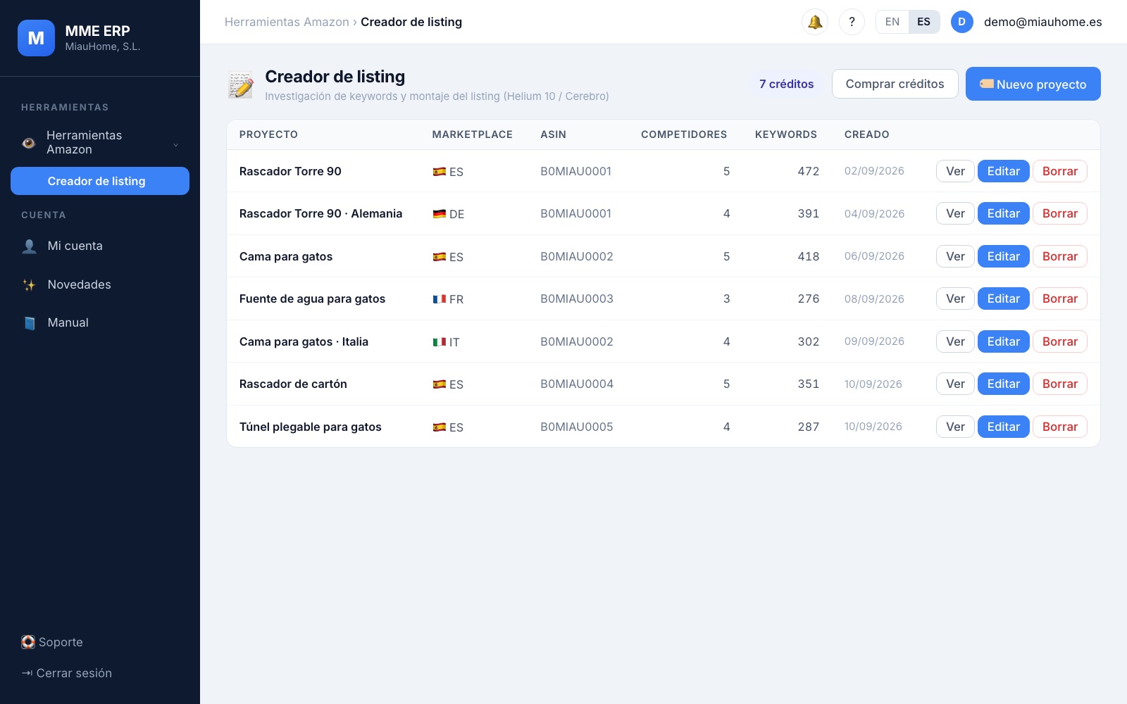 Proyectos del Listing Creator y saldo de créditos (datos de ejemplo)