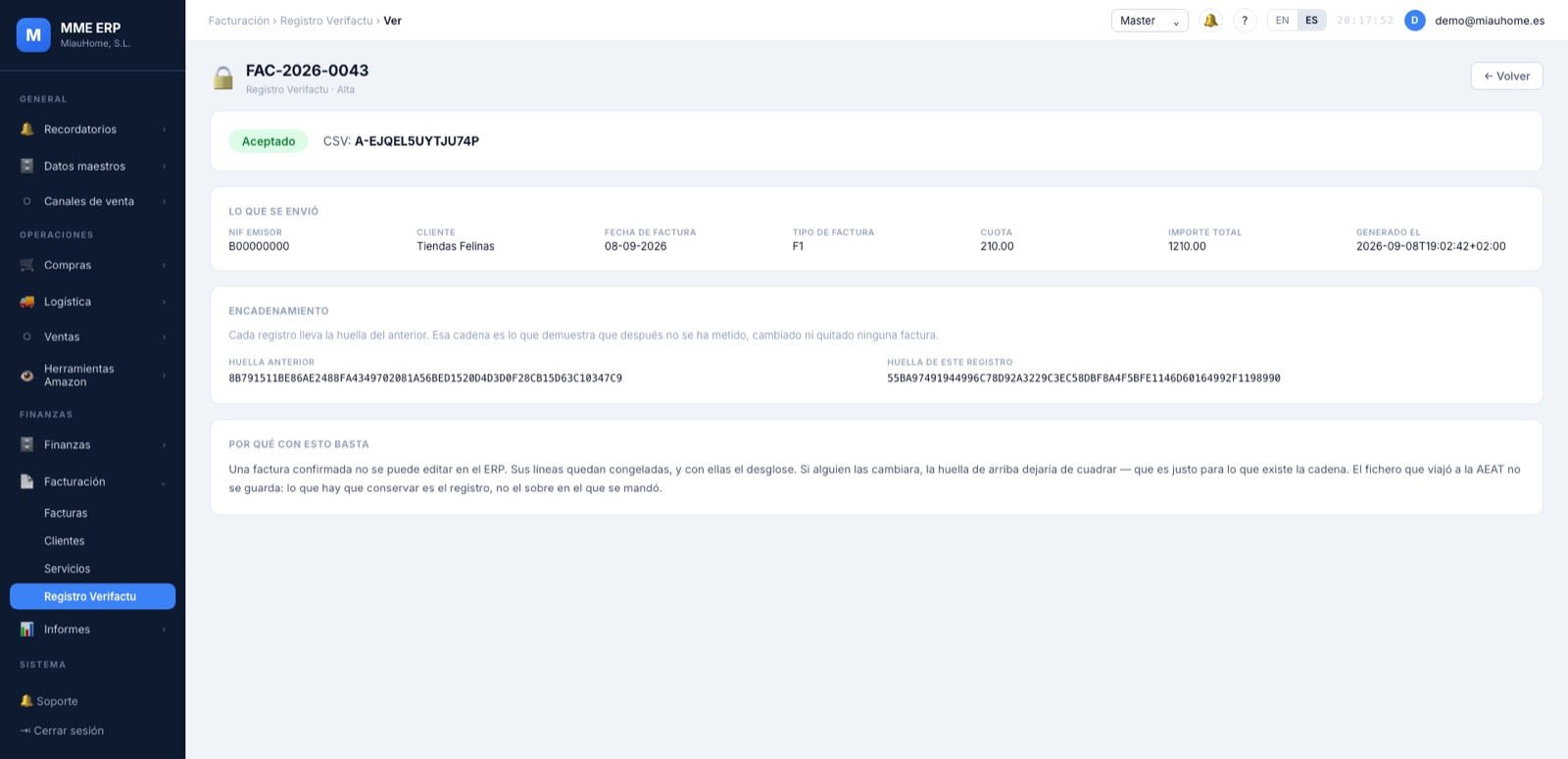 Registro Veri*Factu de una factura aceptada por Hacienda (datos de ejemplo)