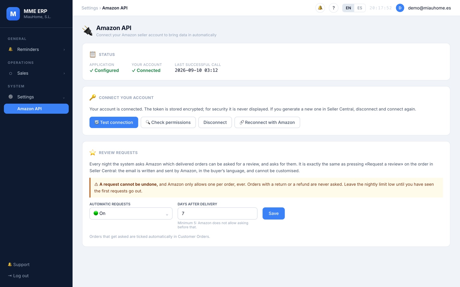 Settings for automatic review requests (sample data)