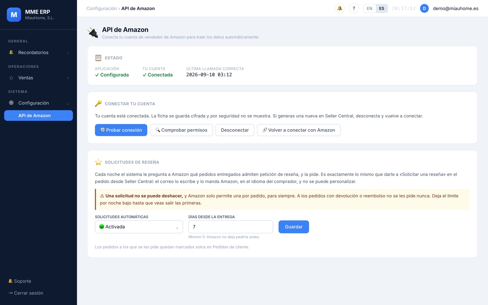 Ajustes de las solicitudes de reseña automáticas (datos de ejemplo)
