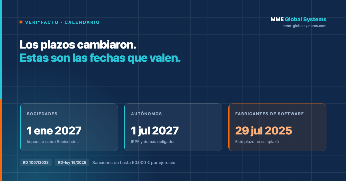 Calendario de Veri*Factu: sociedades el 1 de enero de 2027, autónomos el 1 de julio de 2027 y fabricantes de software desde el 29 de julio de 2025